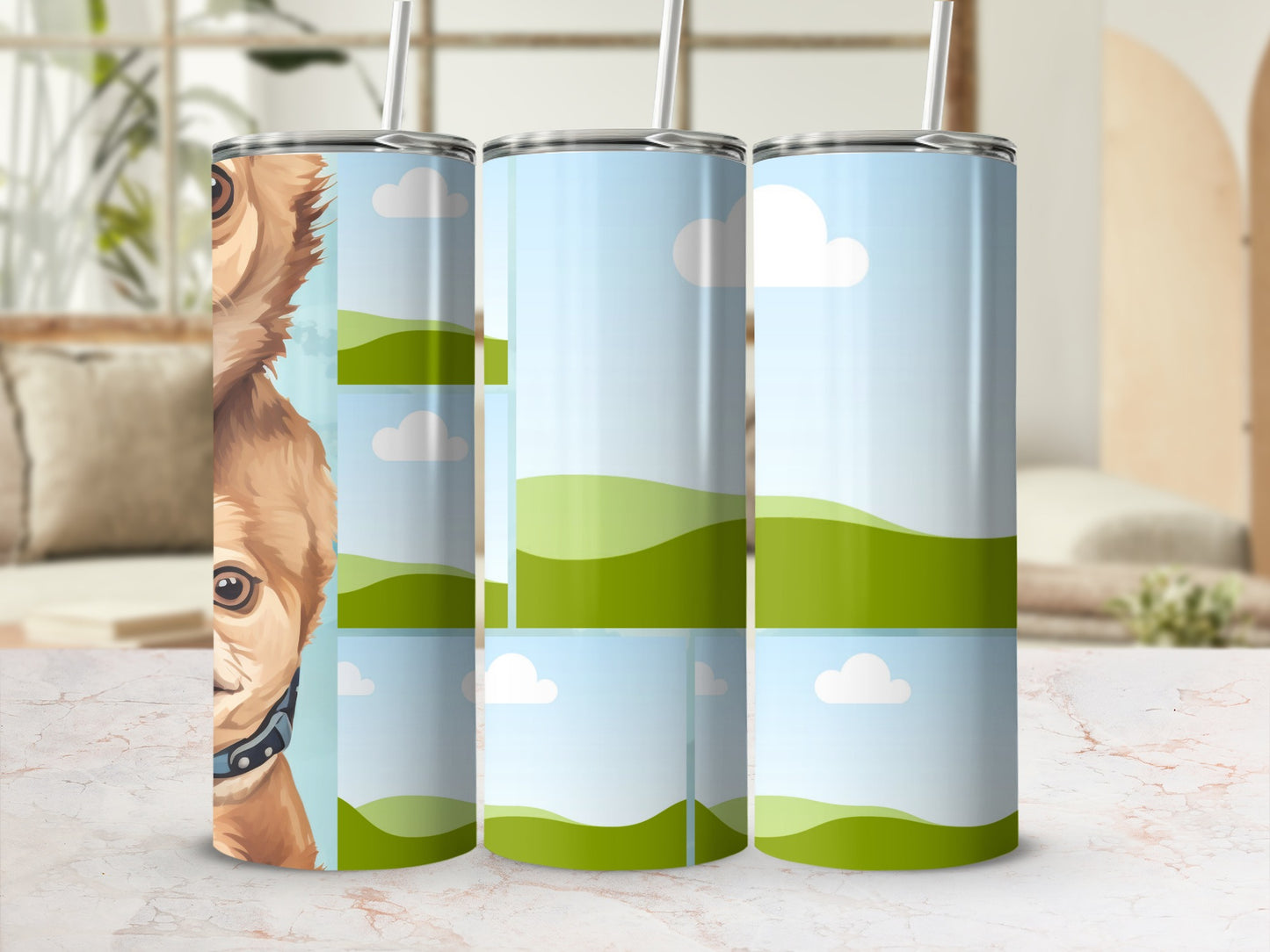 Three tumblers with a dog's face and a landscape design.