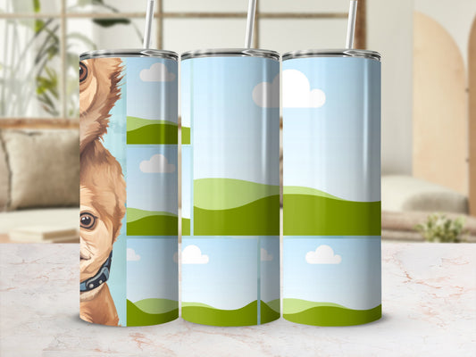 Three tumblers with a dog's face and a landscape design.