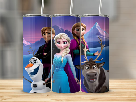 Olaf, Elsa, Anna, and Sven from Frozen against an icy mountain backdrop.