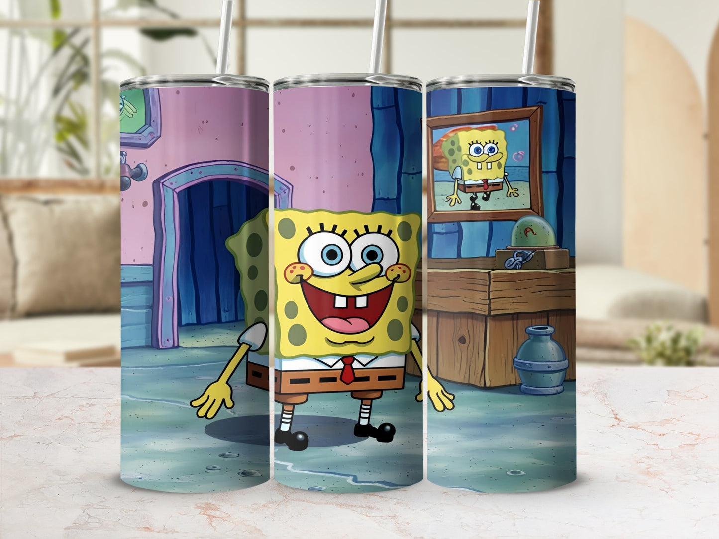 SpongeBob SquarePants artwork on three tumblers.