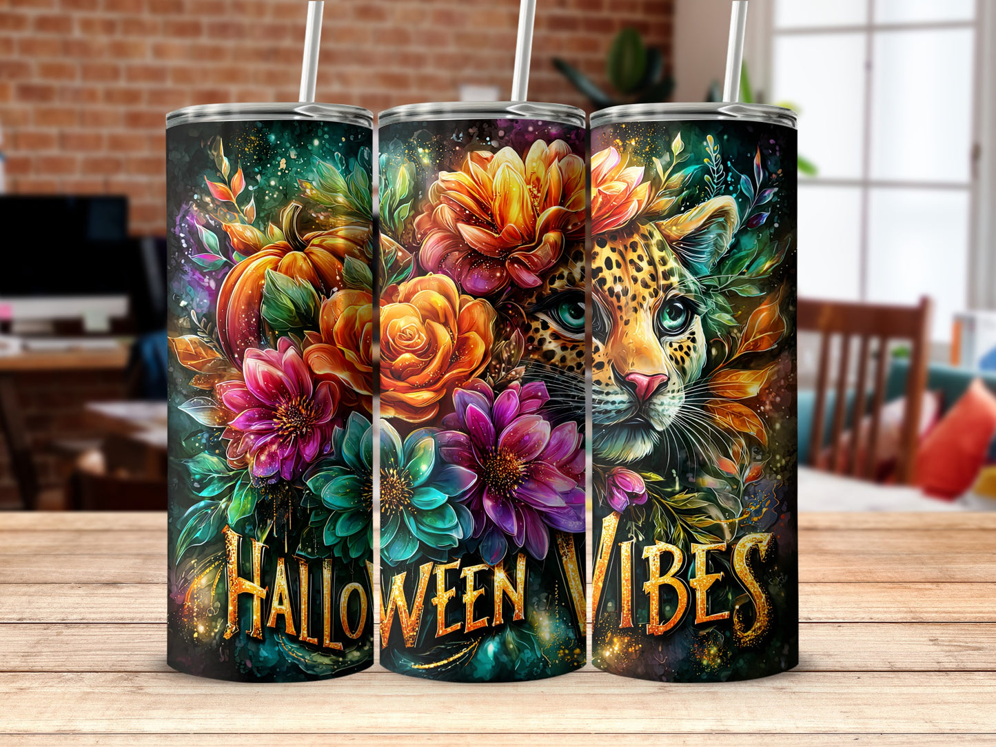 Halloween Vibes Colorful Floral Leopard Tumbler Product