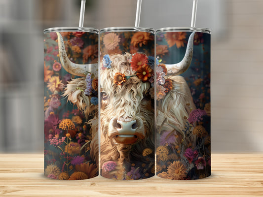 Highland cow with floral crown on a rustic tumbler cup.