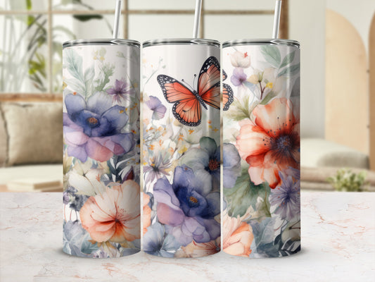 Floral tumbler with butterfly, featuring orange, purple, and blue watercolor flowers.