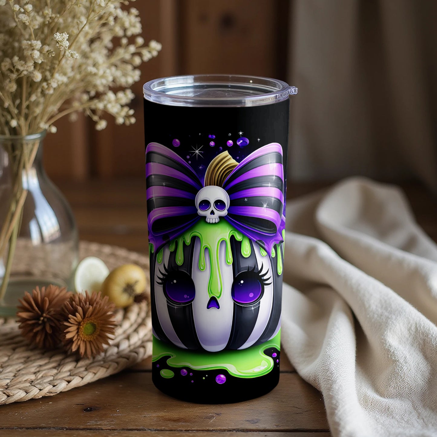 Cute Spooky Striped and Dripping Skull Tumbler