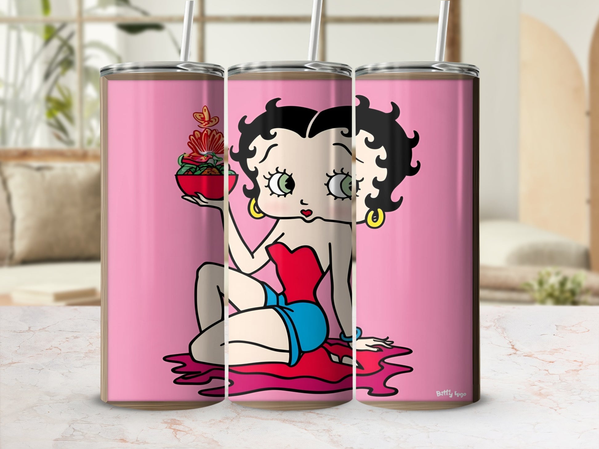 Betty Boop character holding a bowl of red food, sitting on pink background.