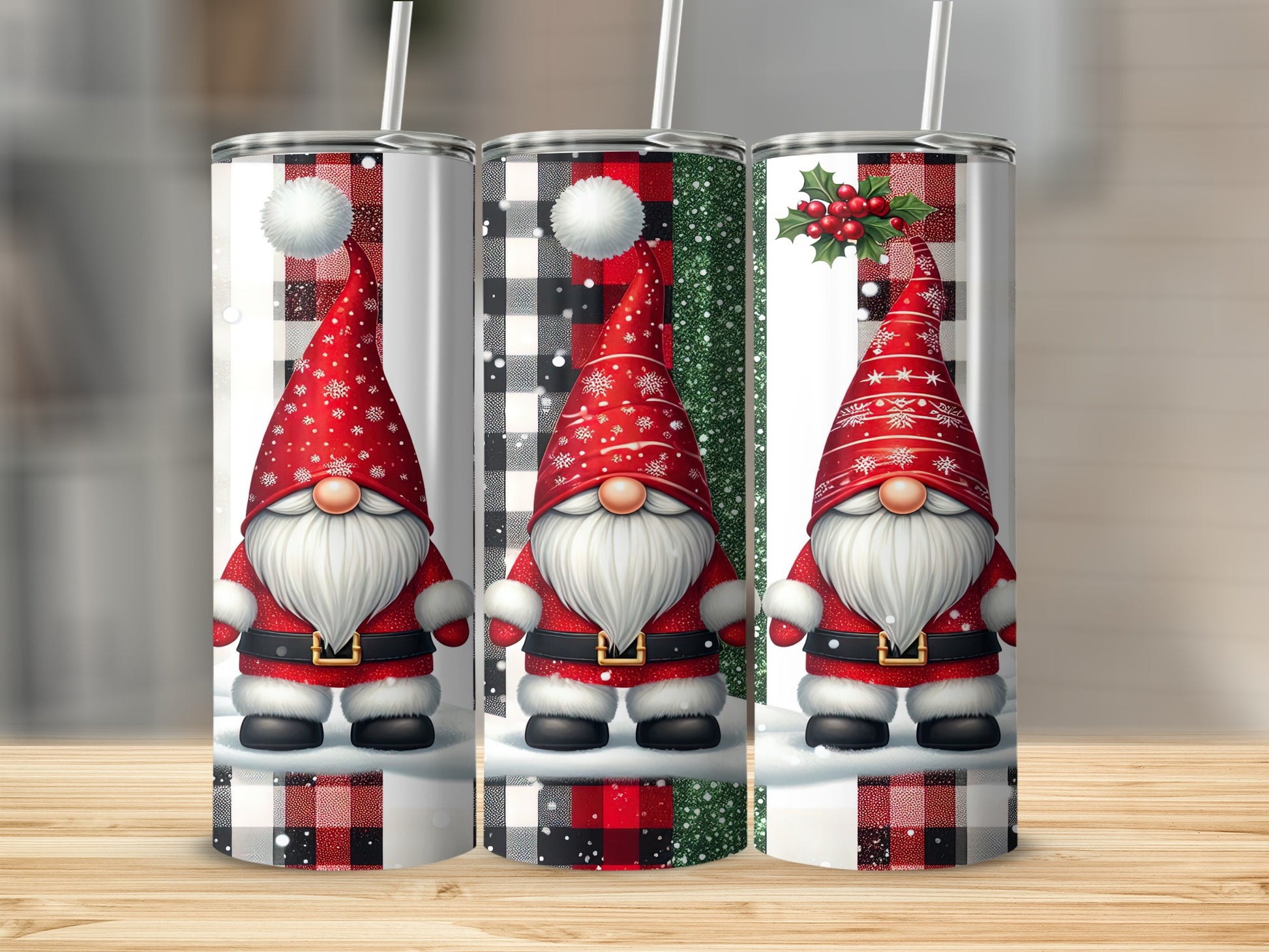Three Christmas gnomes in red hats and white beards on a snowy background.