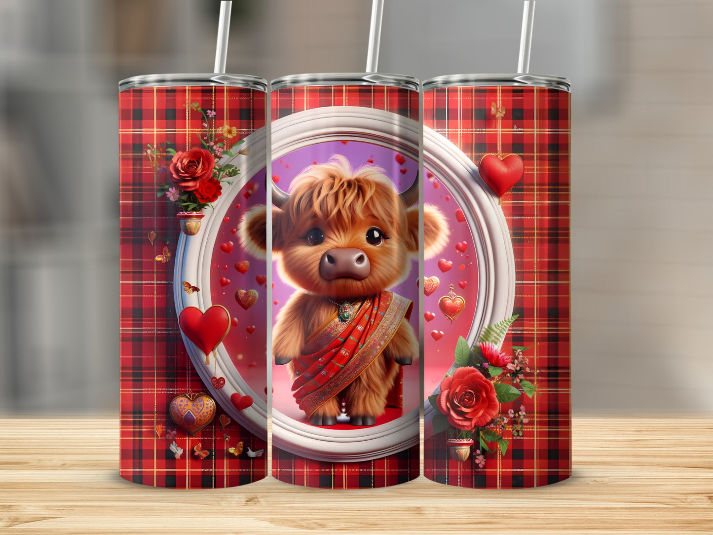 Tartan tumbler with a cute Highland cow in a red sari, surrounded by hearts.