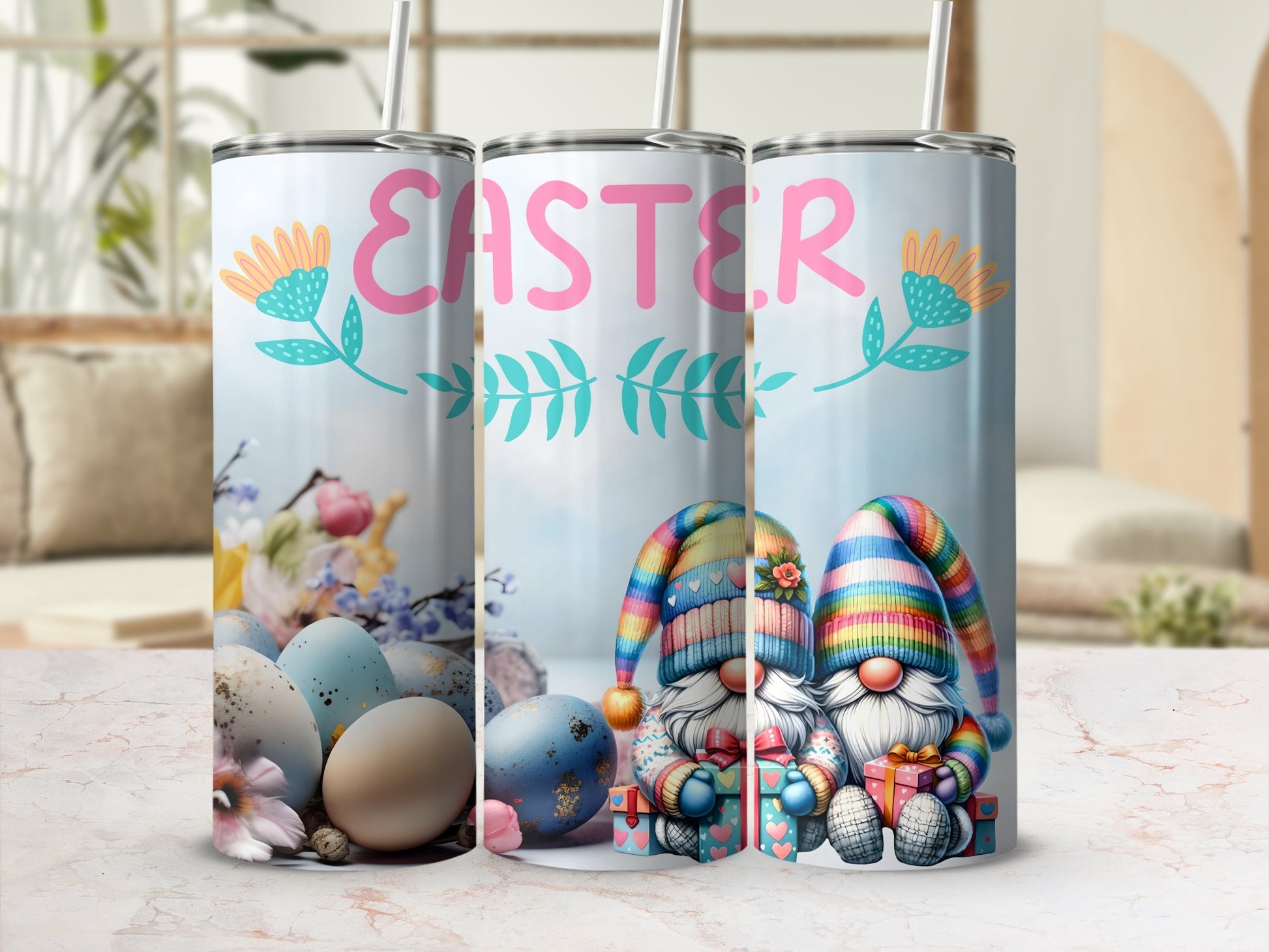 Colorful Easter Gnomes and Eggs Themed Tumbler Cups