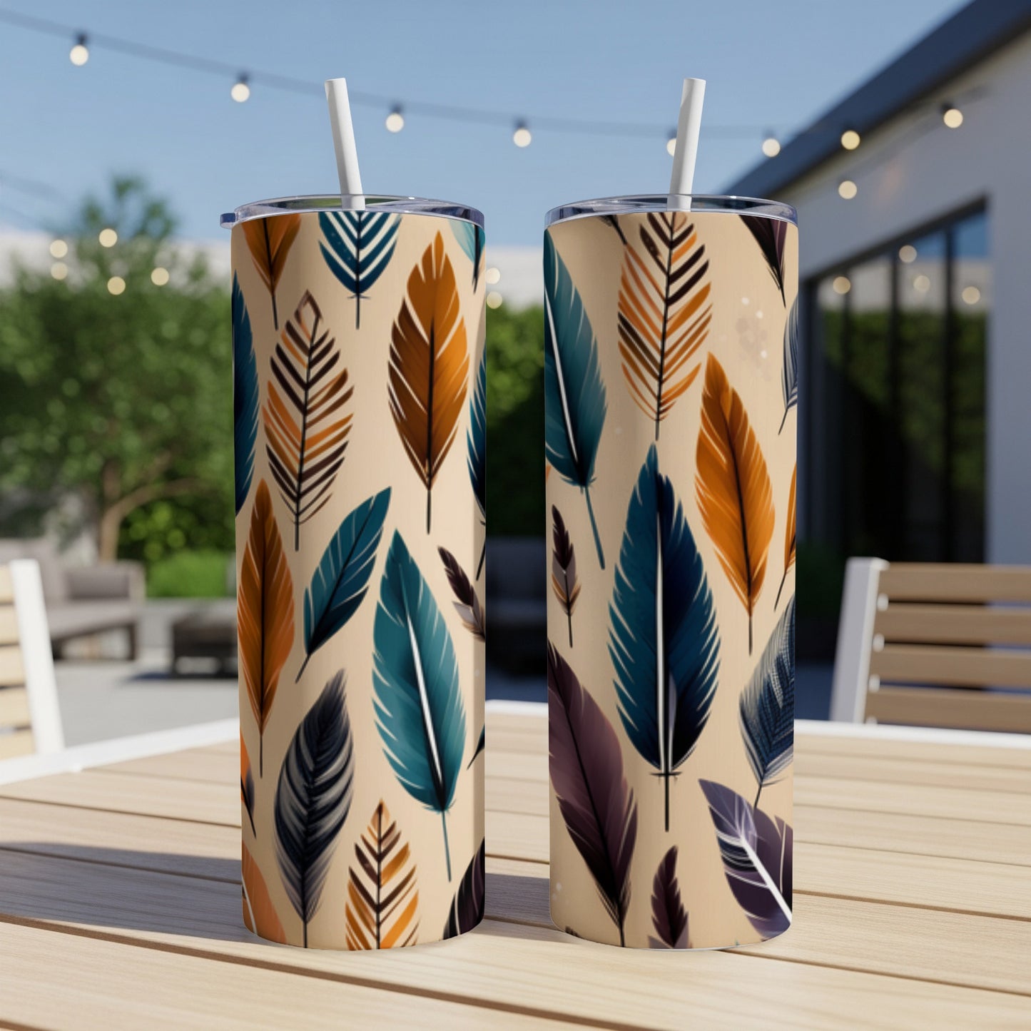 Two tall tumblers with a cream background and a colorful feather pattern.