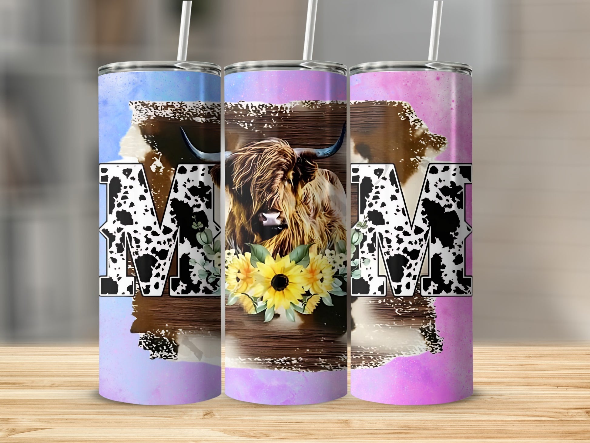 Highland Cow with Sunflowers on Gradient Tumblers
