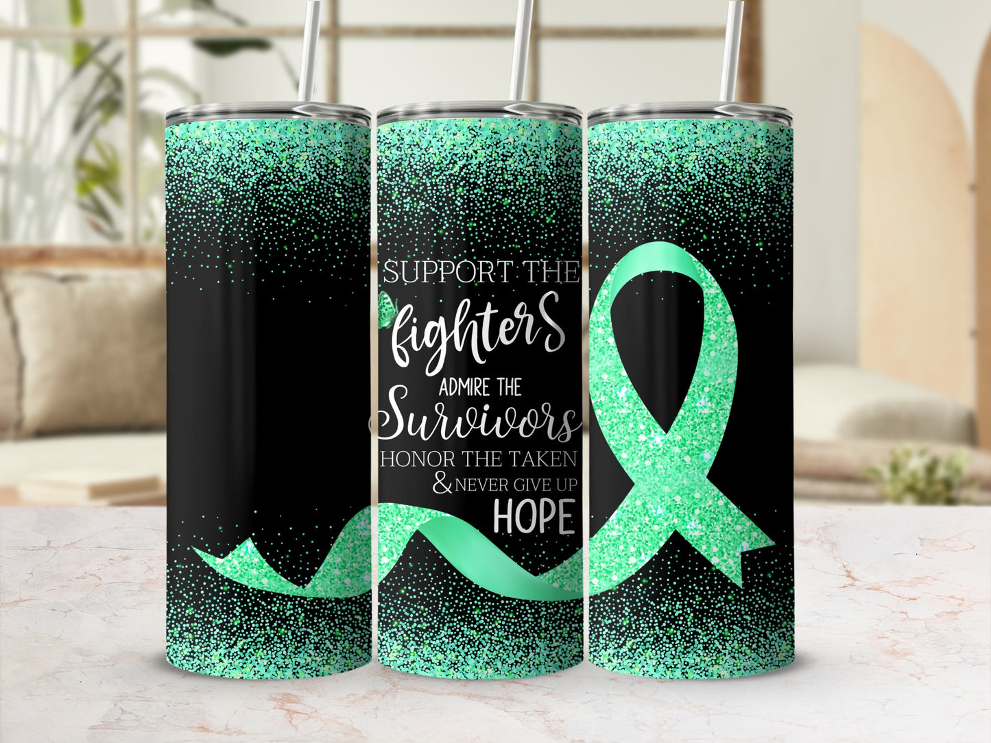 Green glitter ribbon with text about fighters, survivors, and hope.