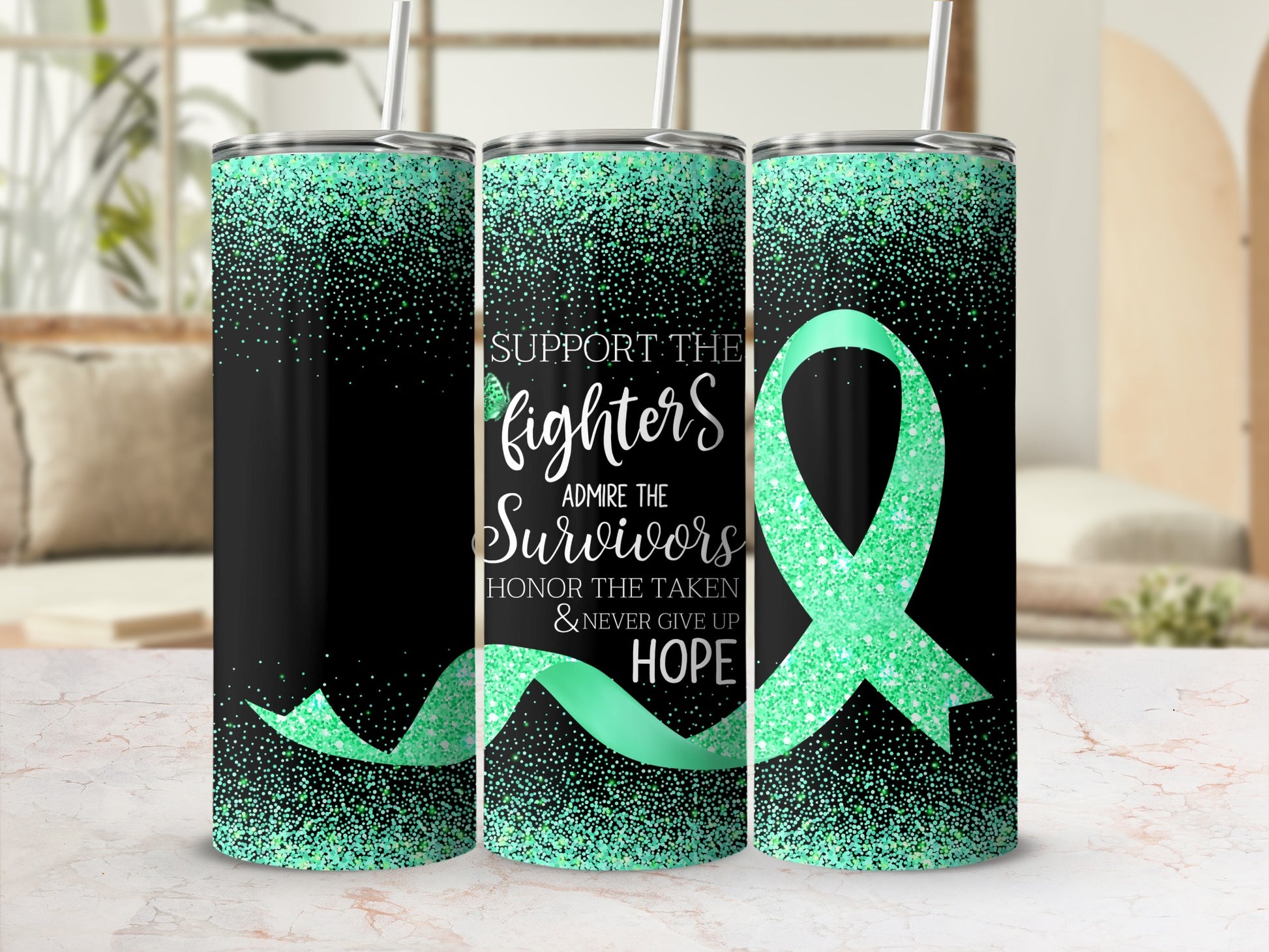 Green glitter ribbon with text about fighters, survivors, and hope.