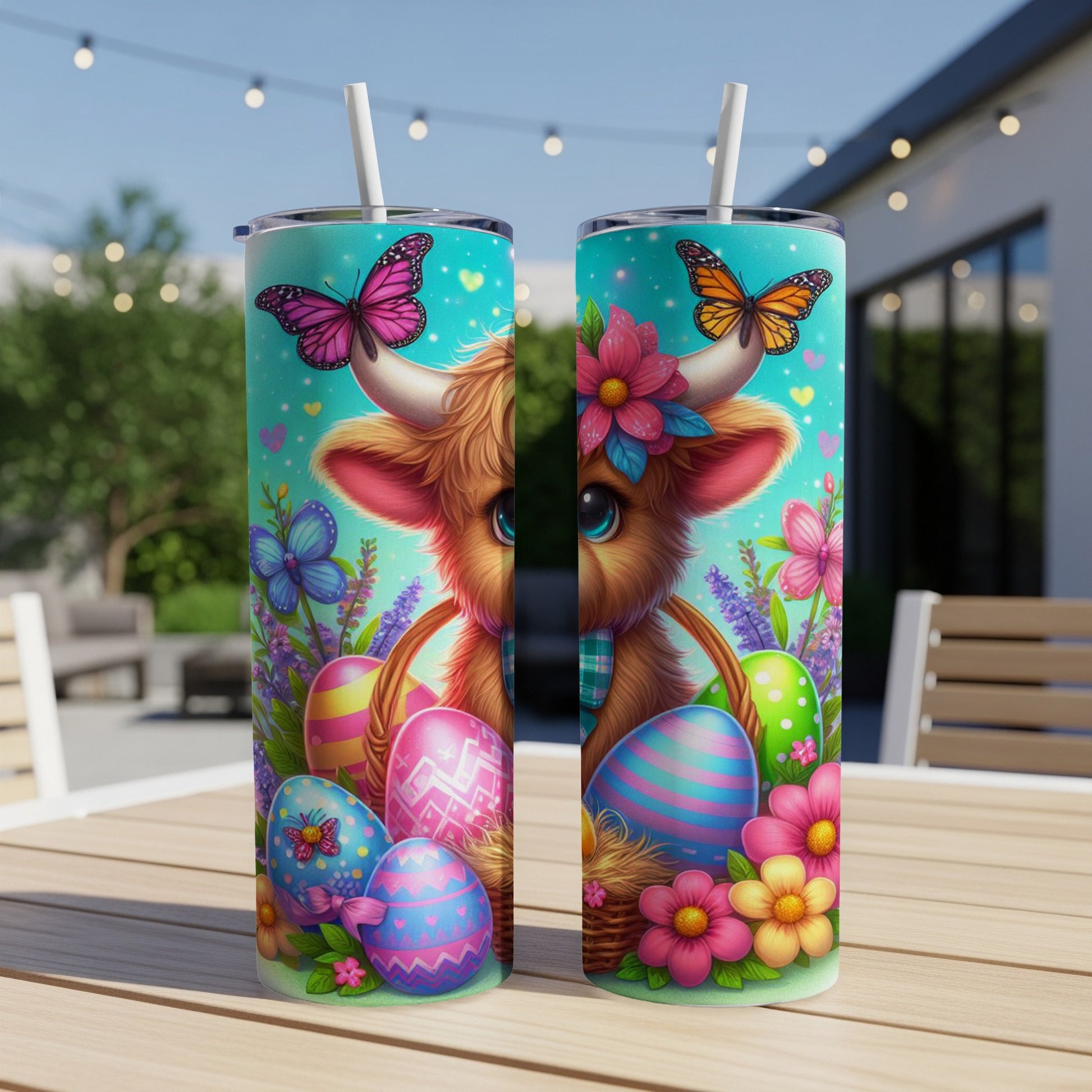 Easter cow tumbler with colorful eggs, flowers, and butterflies.