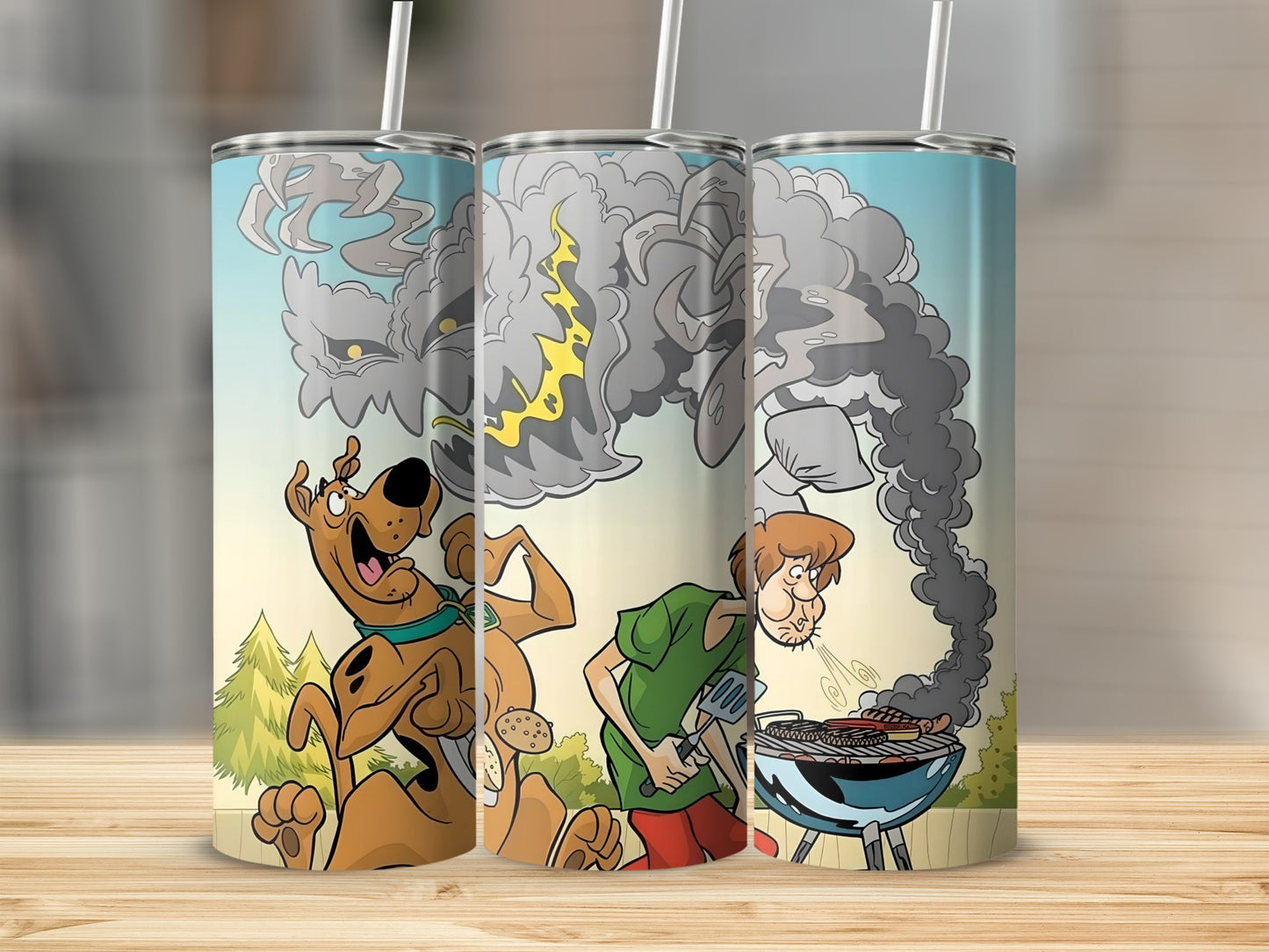 Scooby-Doo and Shaggy grilling with cartoon smoke and a monster.
