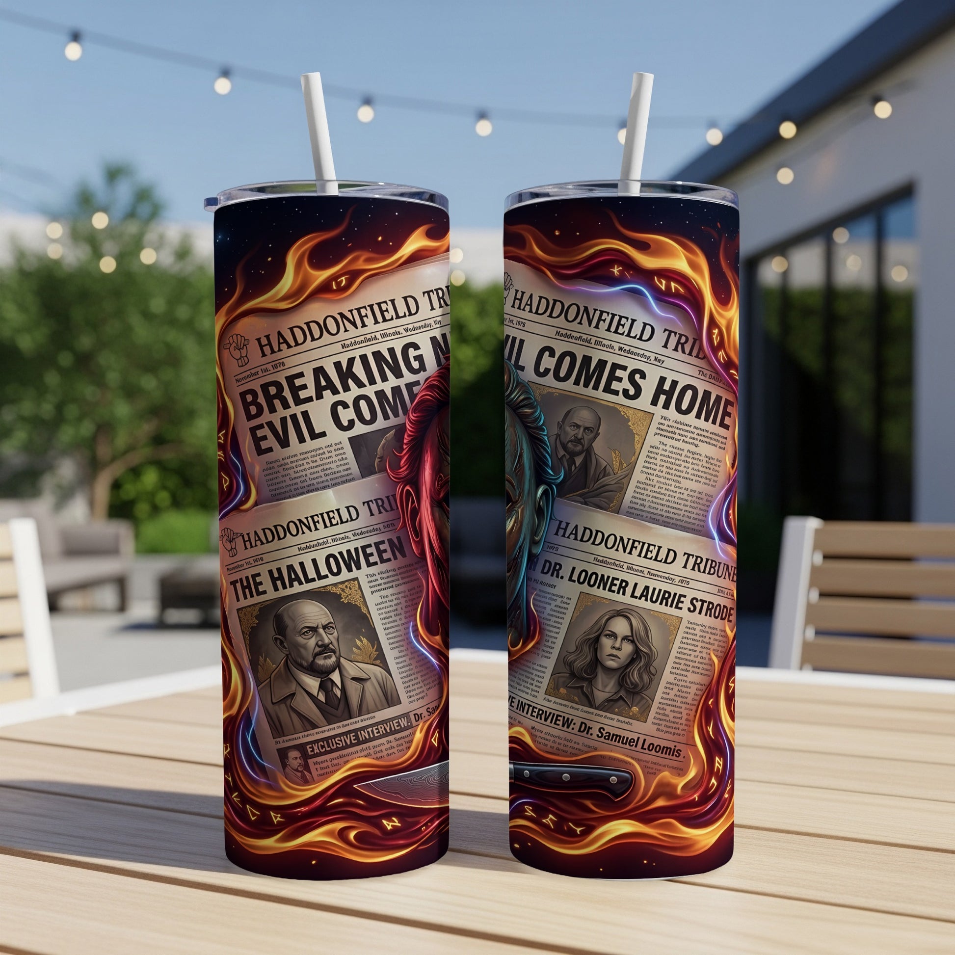 Tumblers featuring Haddonfield Tribune headlines and Halloween movie characters with fiery accents.