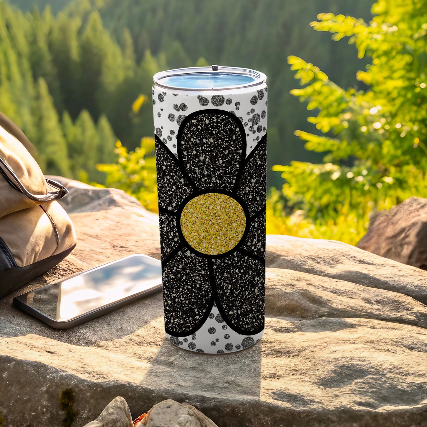 Black Glittery Floral Design Travel Mug for Outdoors