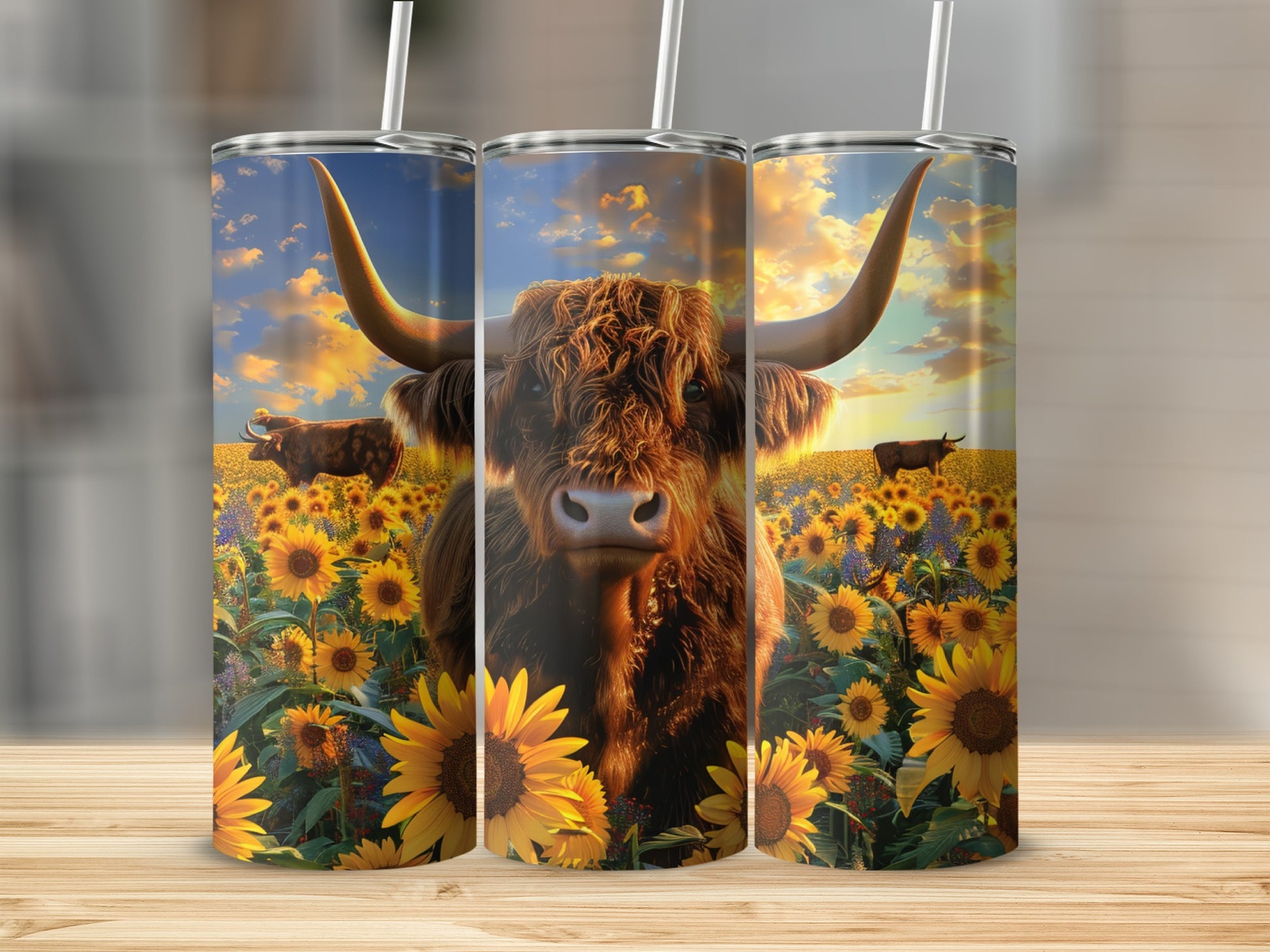 Highland cow in a sunflower field with a sunset sky.
