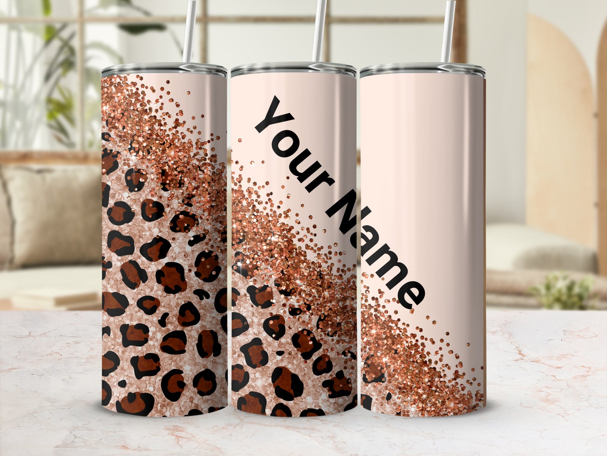 Customizable Leopard Print Glitter Tumbler with Straw