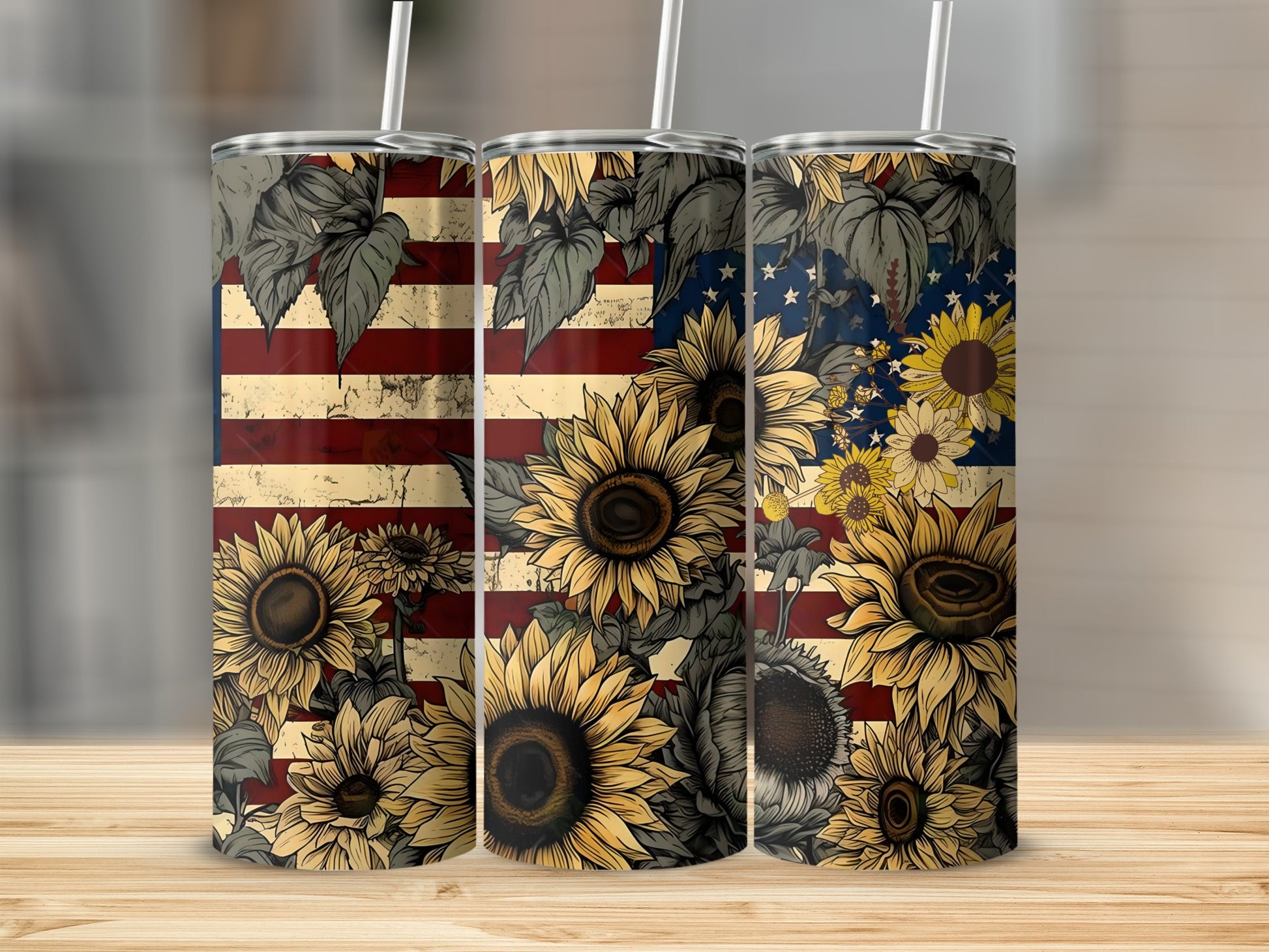 Rustic American Flag and Sunflowers Tumbler Design