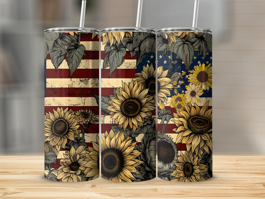 Rustic American Flag and Sunflowers Tumbler Design