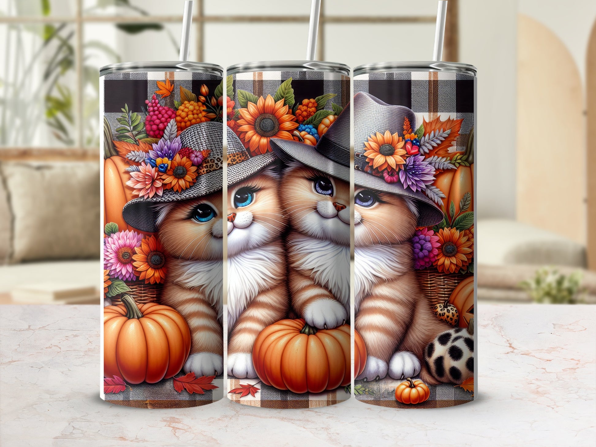 Two cute cats in hats with pumpkins and flowers.