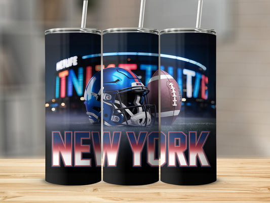 New York Giants helmet, football, and stadium lights on a tumbler.