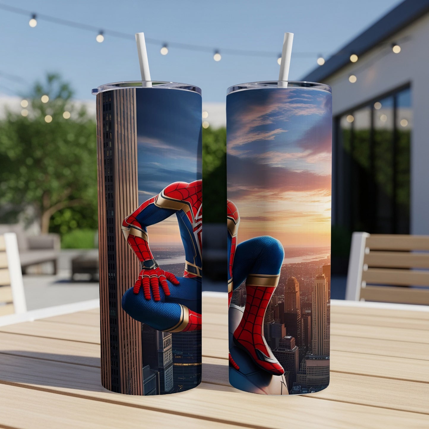 Spiderman crouches on a skyscraper ledge overlooking a city at sunset.