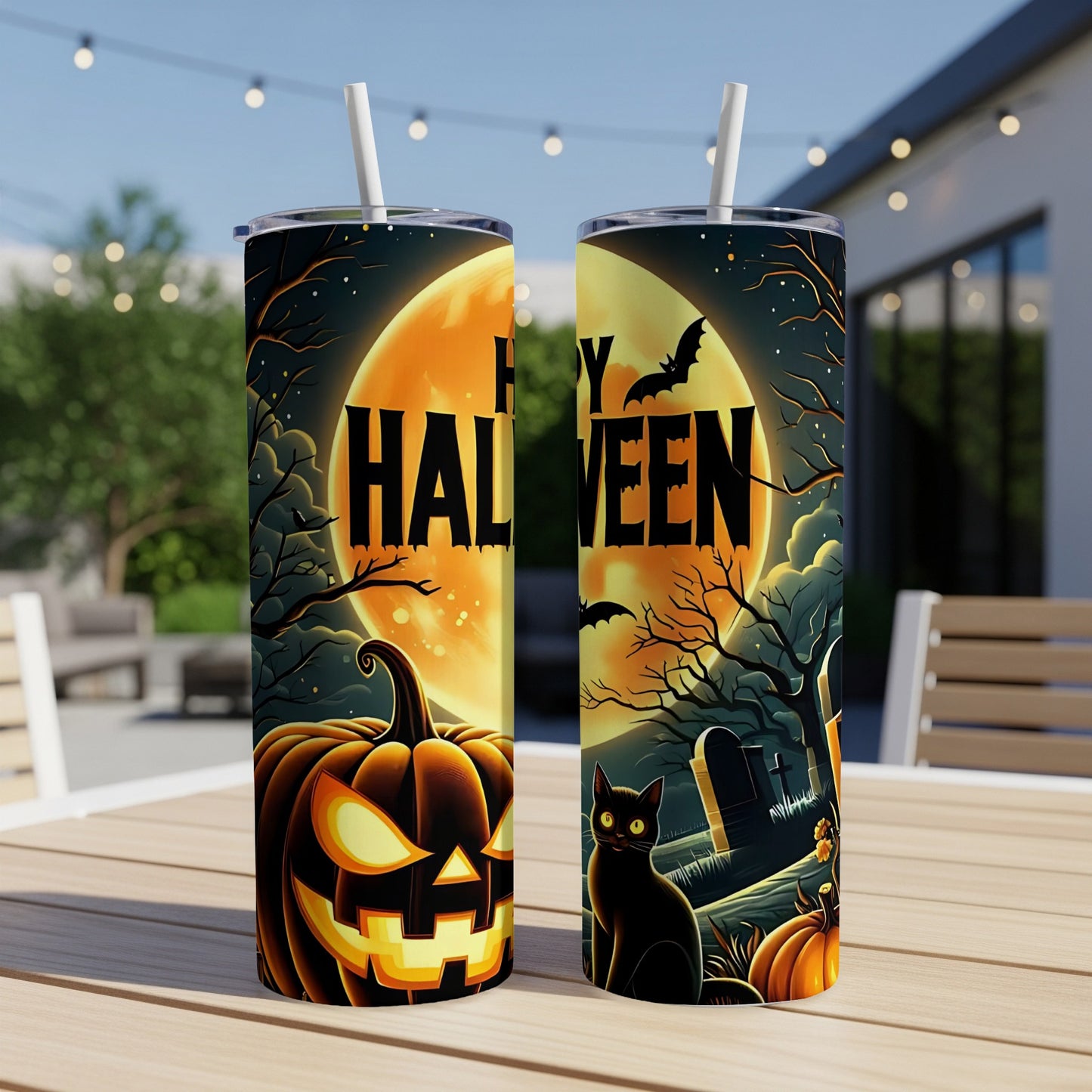 Halloween themed tumblers with pumpkins, a black cat, bats, and text reading "Happy Halloween".