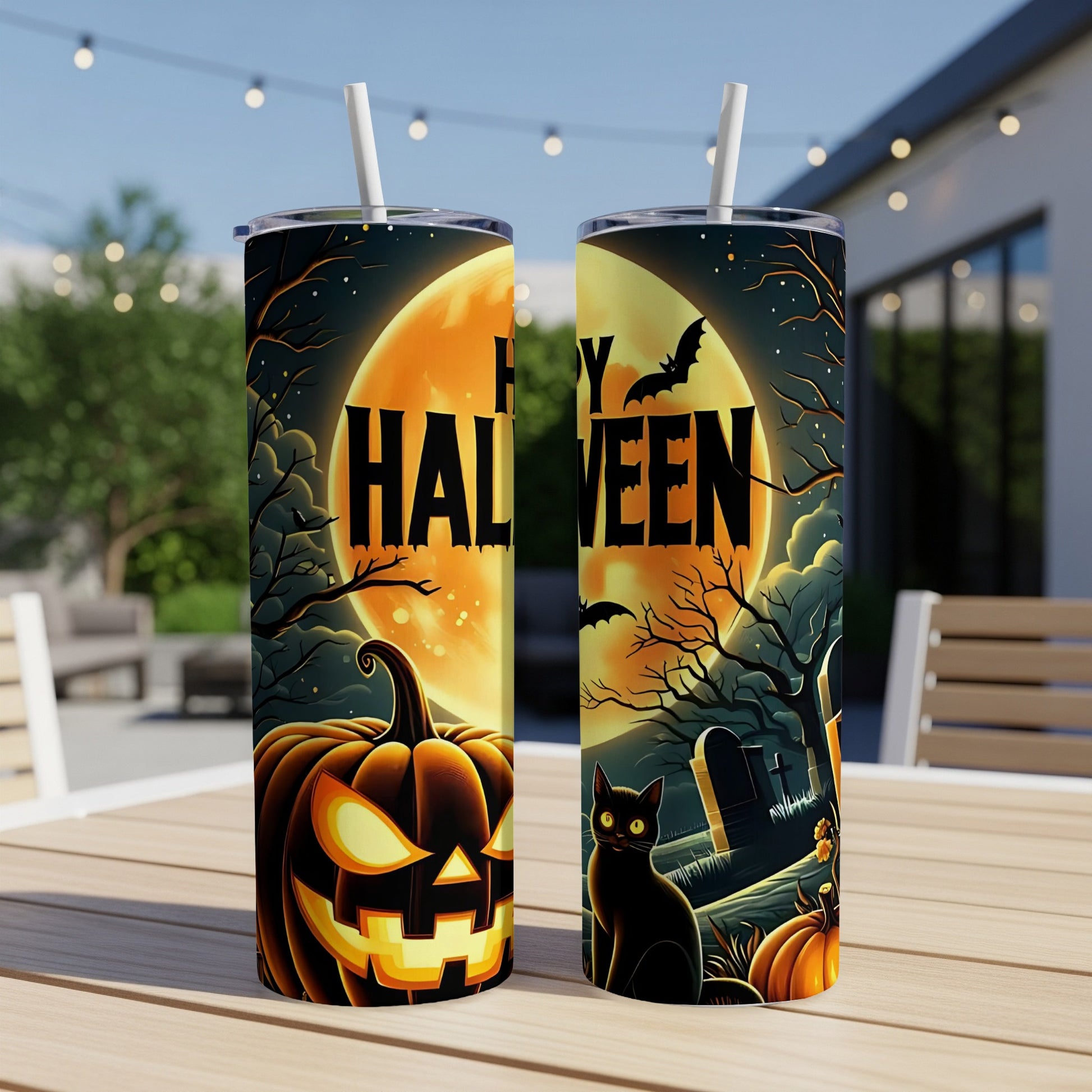 Halloween themed tumblers with pumpkins, a black cat, bats, and text reading "Happy Halloween".