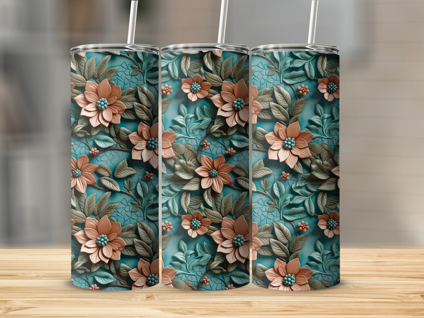 Floral Patterned Insulated Tumbler with Straw