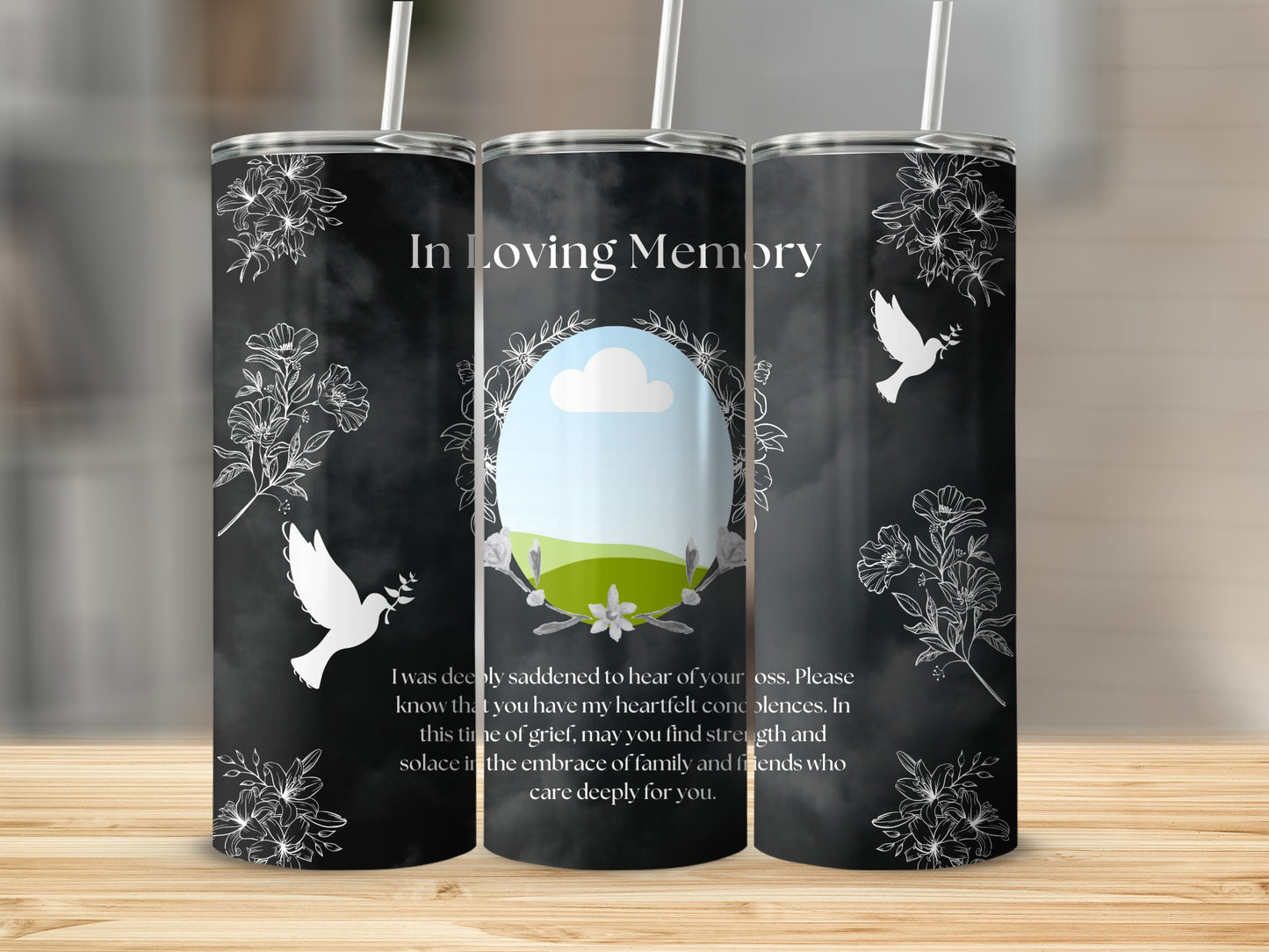 In Loving Memory tumbler with doves, flowers, and a condolence message.