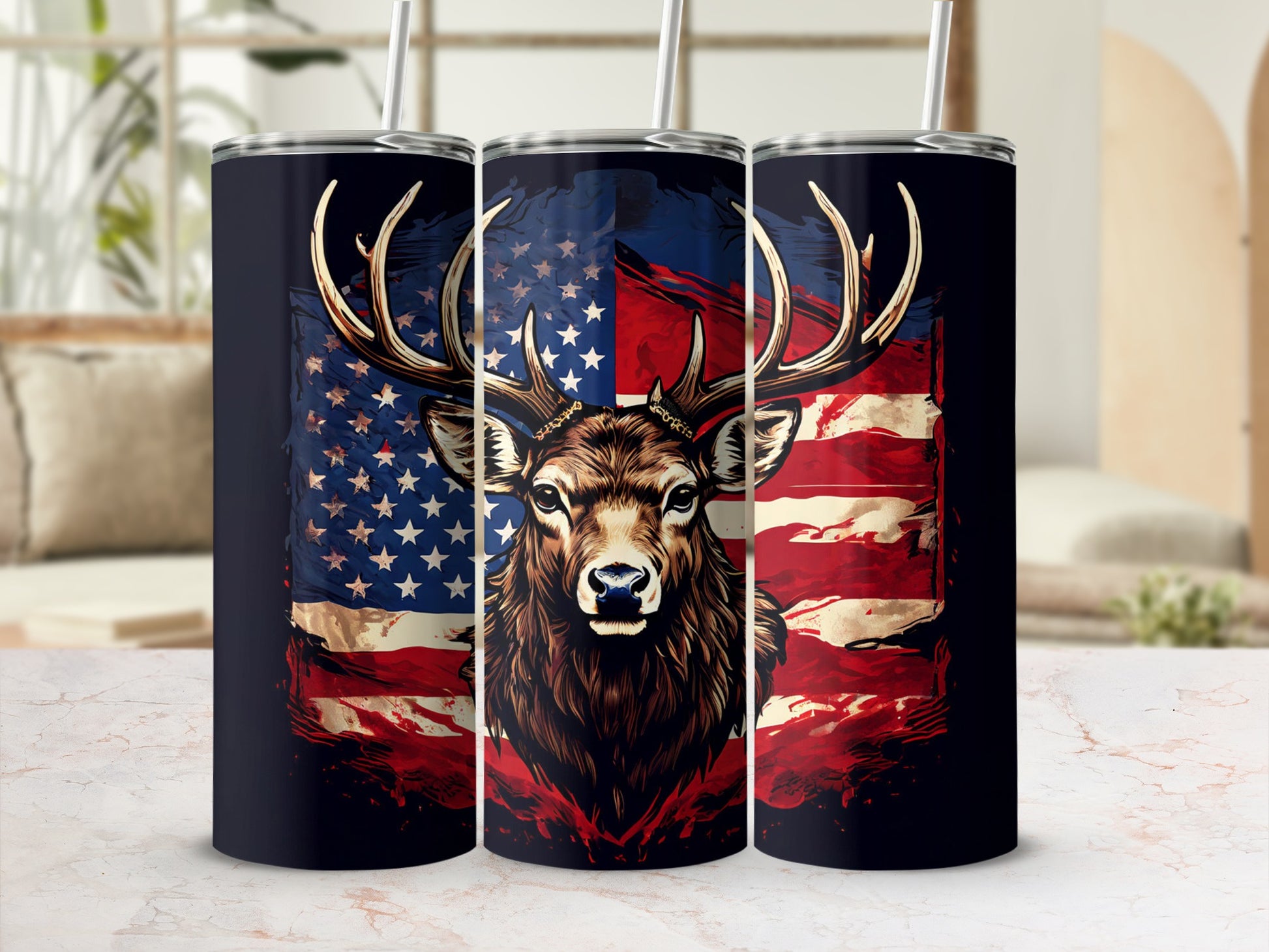 Deer head silhouette against distressed American flag on a dark blue tumbler.