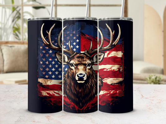 Deer head silhouette against distressed American flag on a dark blue tumbler.