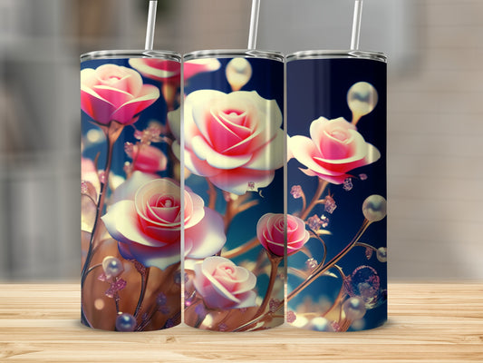 Three tumblers with pink roses and blue floral accents on a wooden surface.