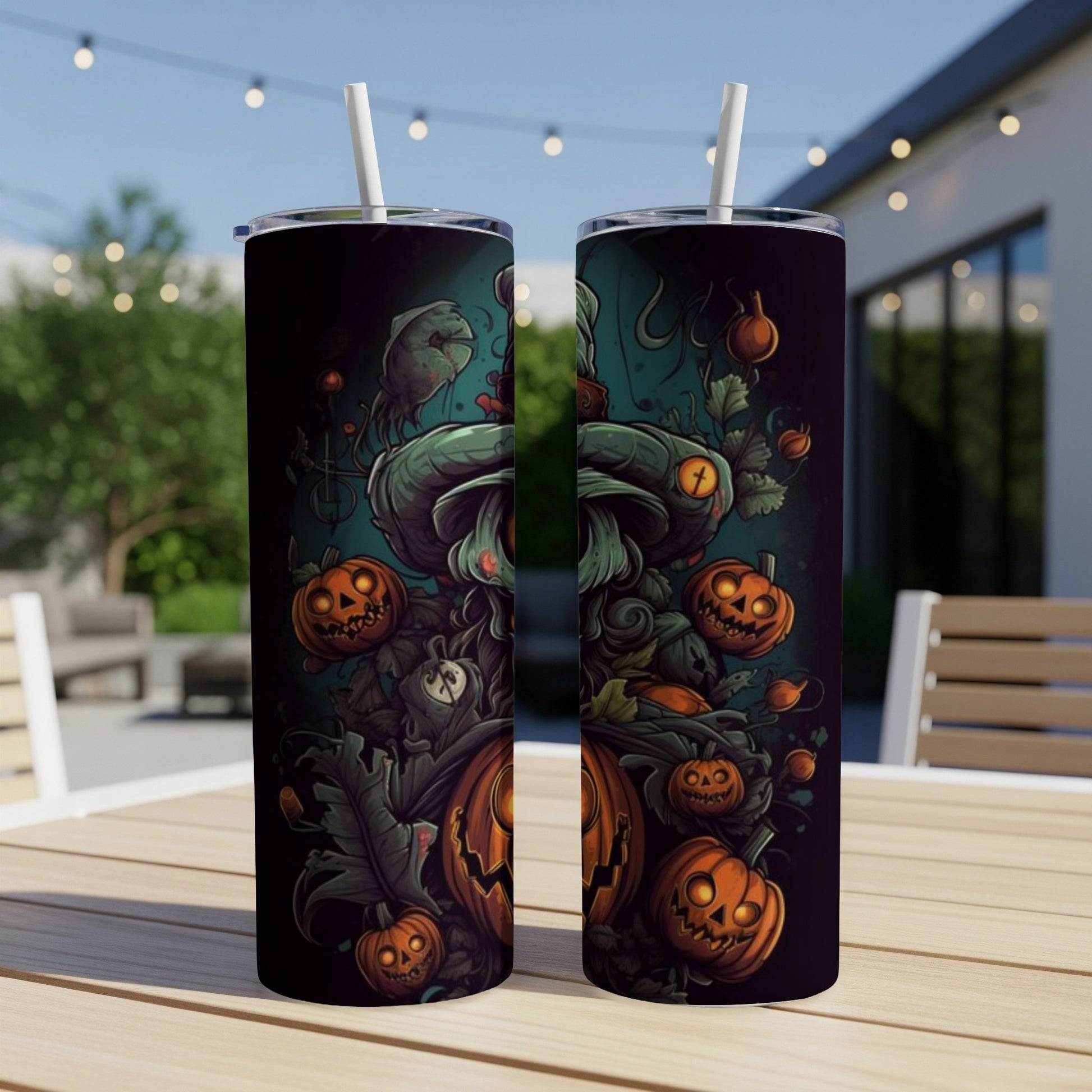 Two tumblers with a dark Halloween design featuring jack-o'-lanterns and monstrous plants.