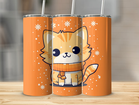 Three skinny tumblers with orange background and a cute cartoon cat wearing a scarf.