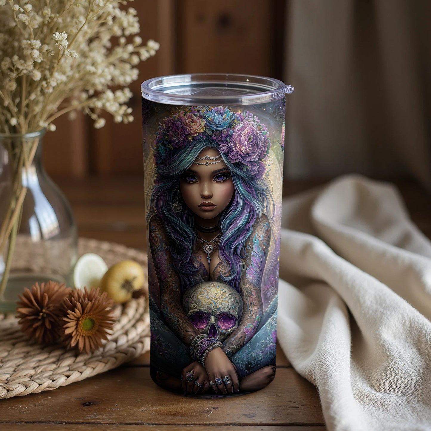 Enchanting Tattooed Woman with Skull Design Tumbler
