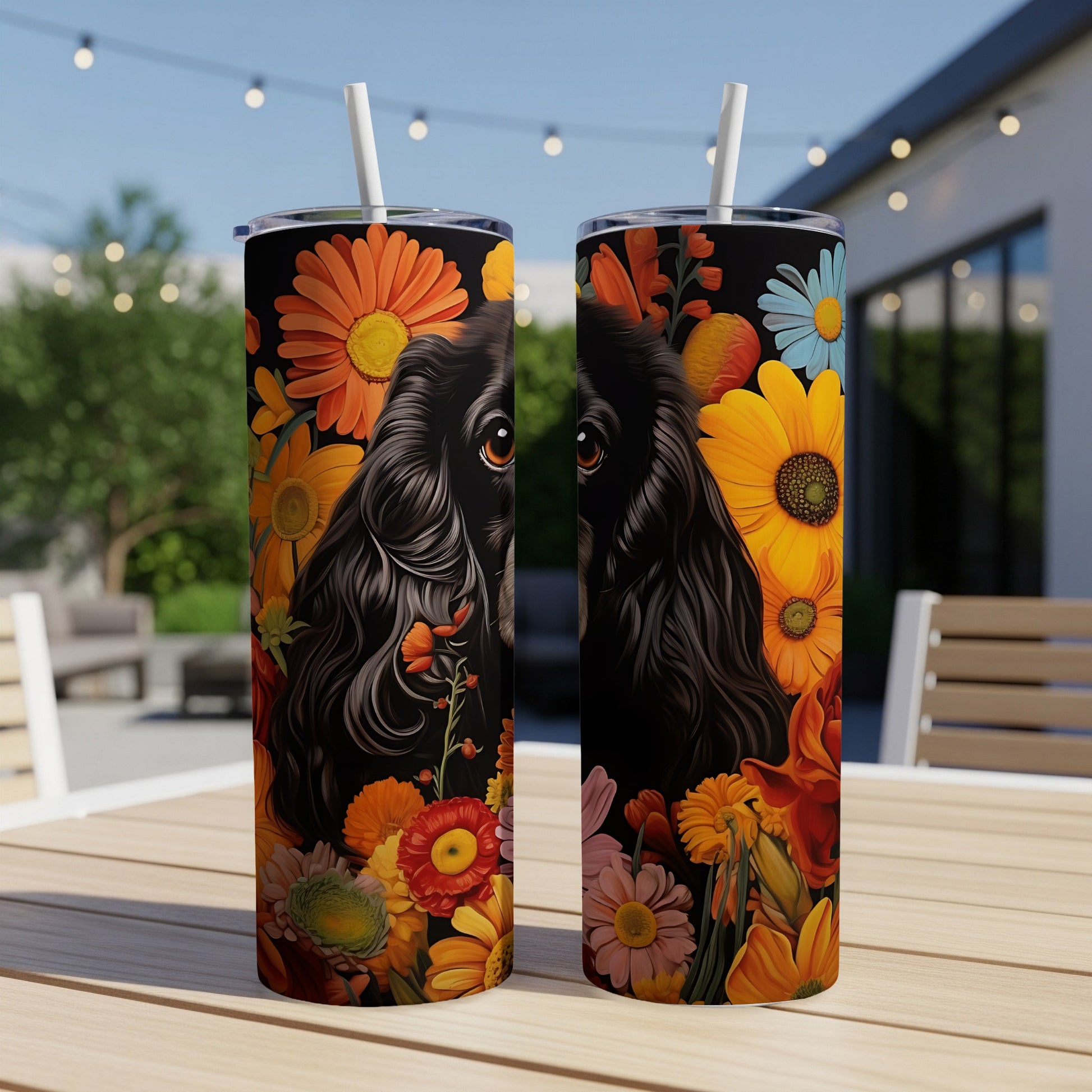Black dog with flowers printed on two tall tumblers outdoors.
