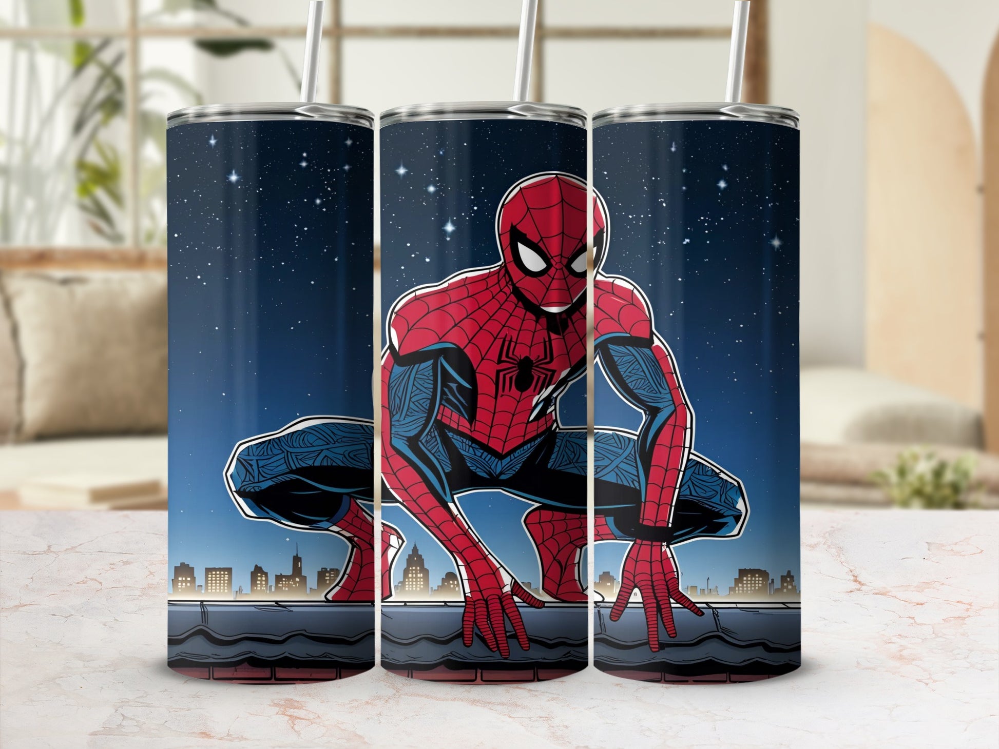 Spider-Man crouching on a rooftop under a starry night sky.