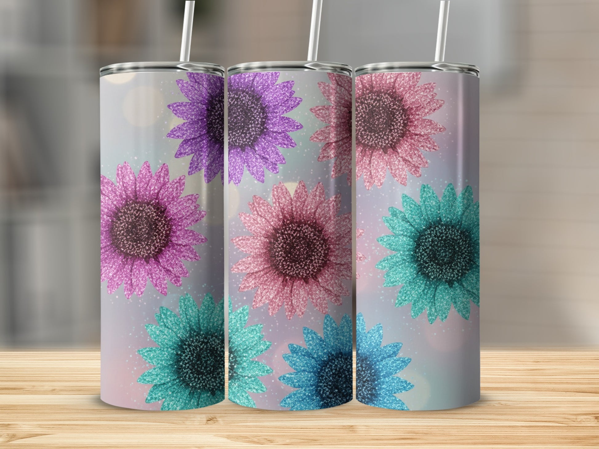 Glittering Colorful Sunflower Design Tumbler Cups