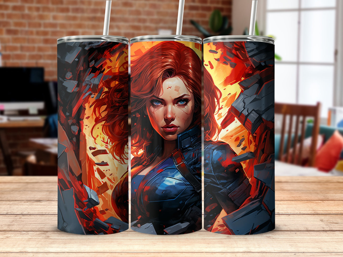 Comic-Inspired Heroine Artwork on Tumbler Product
