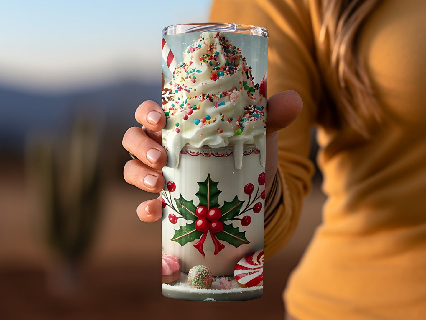 Festive Holiday Beverage with Candy Art Tumbler Cup