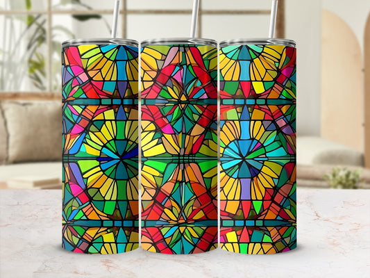 Three tumblers with stained glass-like colorful geometric pattern.