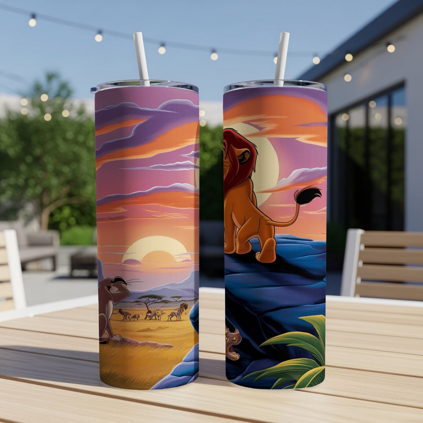 Two tumblers featuring The Lion King characters Simba and Nala on a rocky outcrop.
