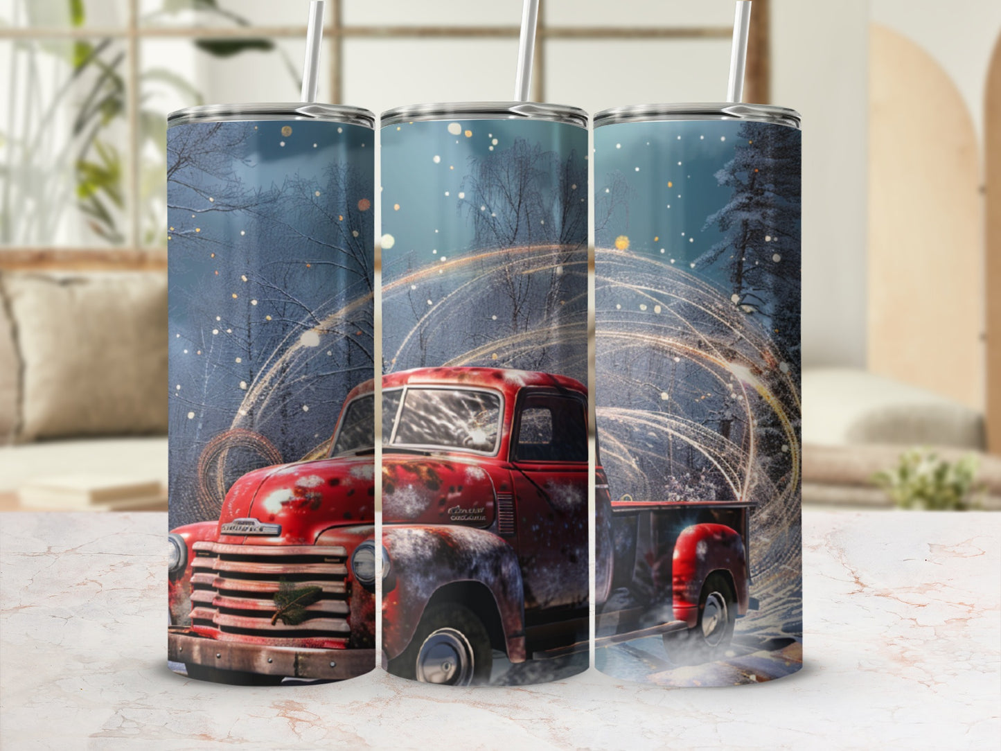 Red vintage pickup truck with swirling golden lights in a snowy forest.