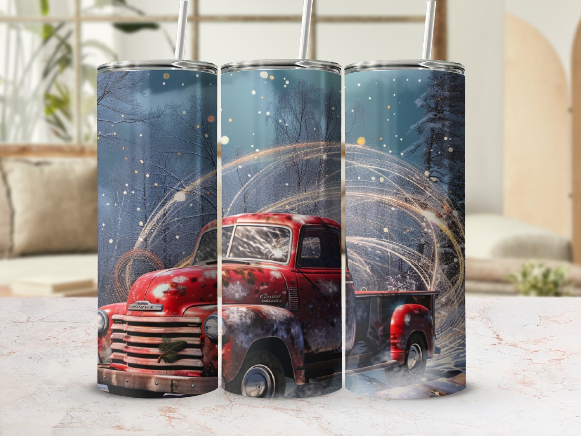 Red vintage pickup truck with swirling golden lights in a snowy forest.