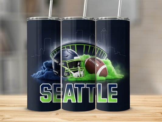 Seattle Seahawks helmet, football, and stadium graphic on three tumblers.