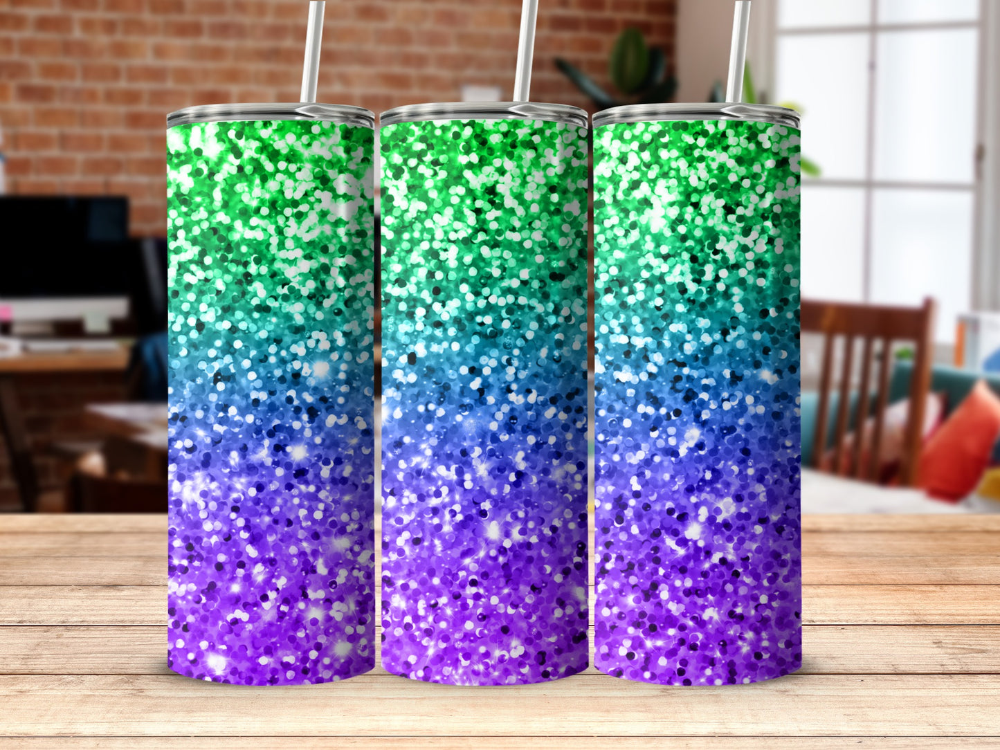 Green Blue Purple Glitter Ombre Design Tumbler