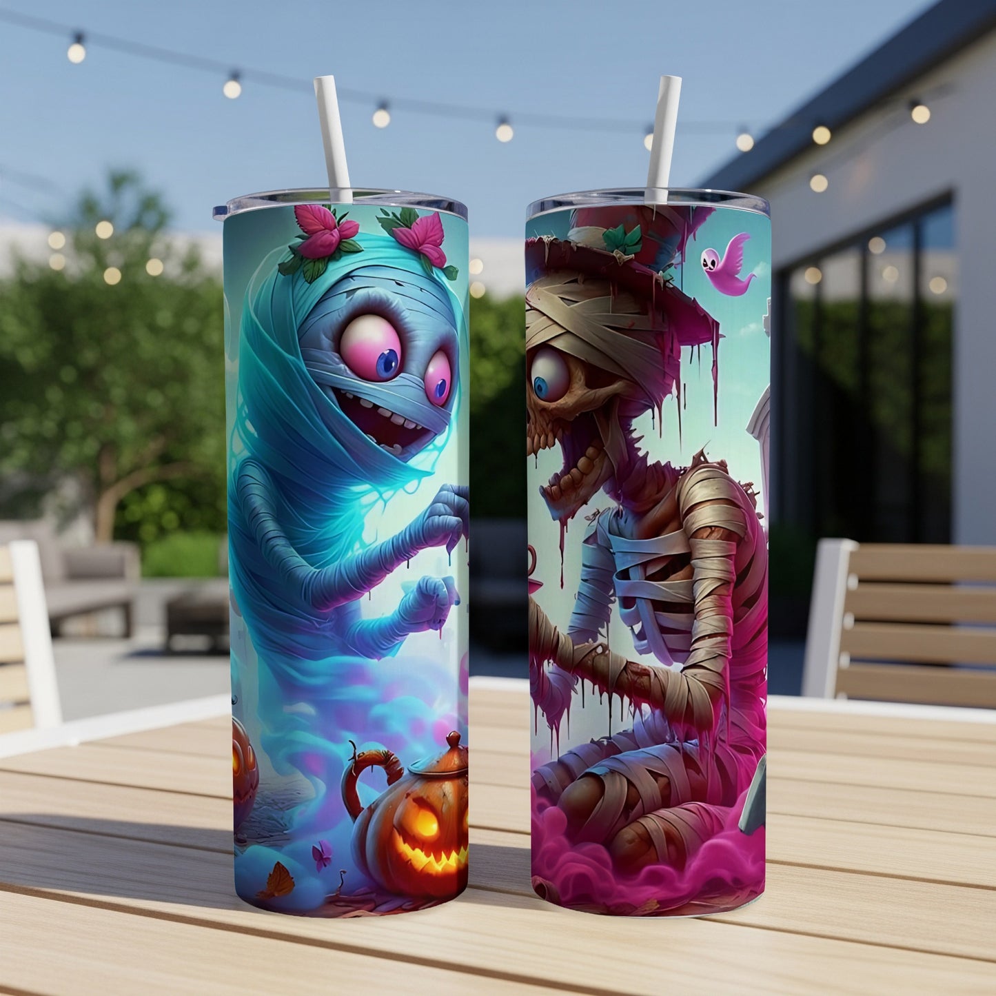Two Halloween tumblers featuring cartoon mummies and a skeleton with pumpkins.