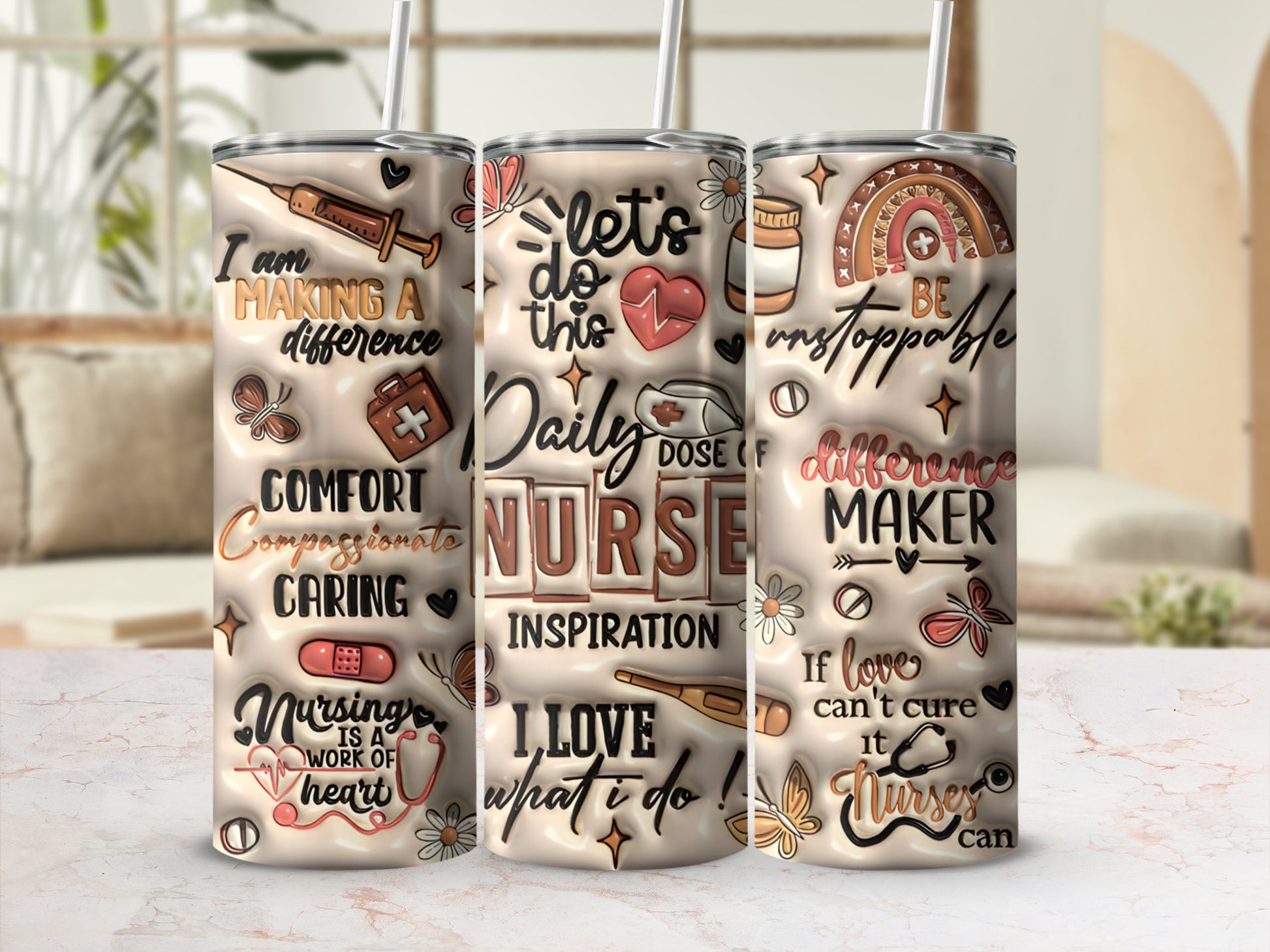 Tumbler with "Daily Dose of Nurse" and inspirational nursing quotes.
